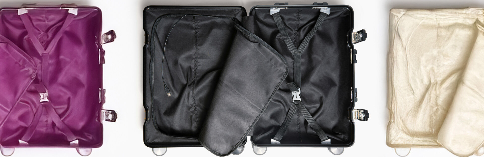 Malas de viagem abertas em cores variadas