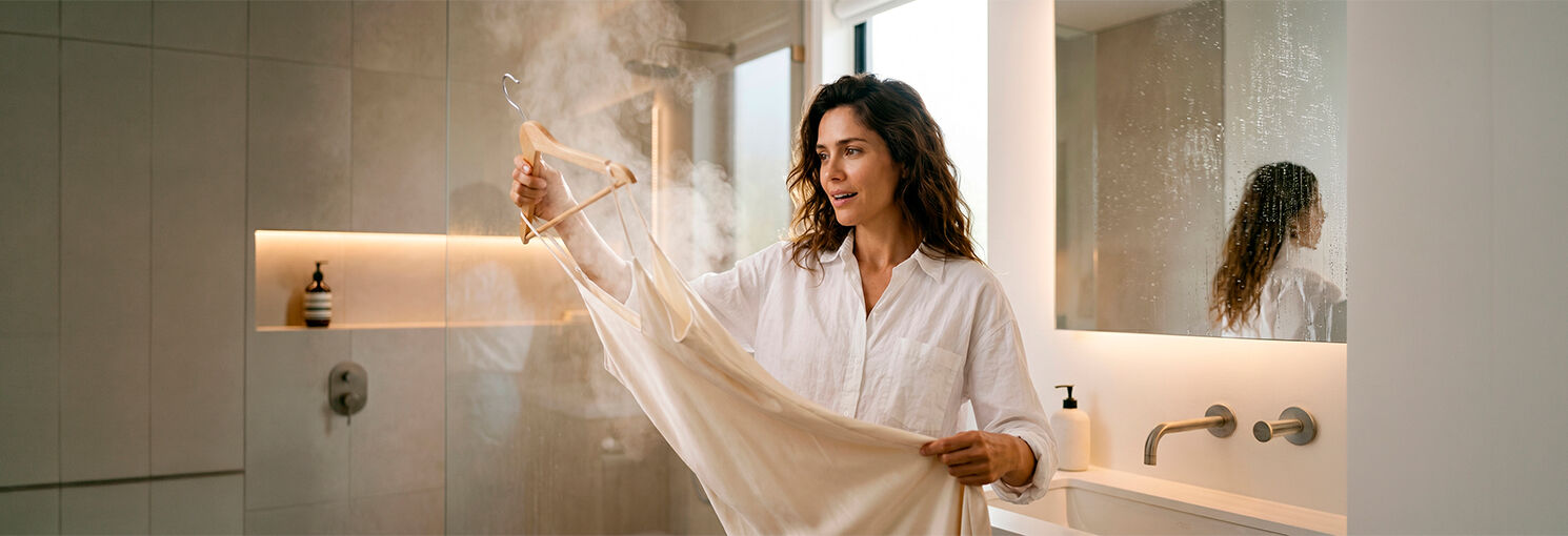 Mulher pendurando roupa em banheiro iluminado