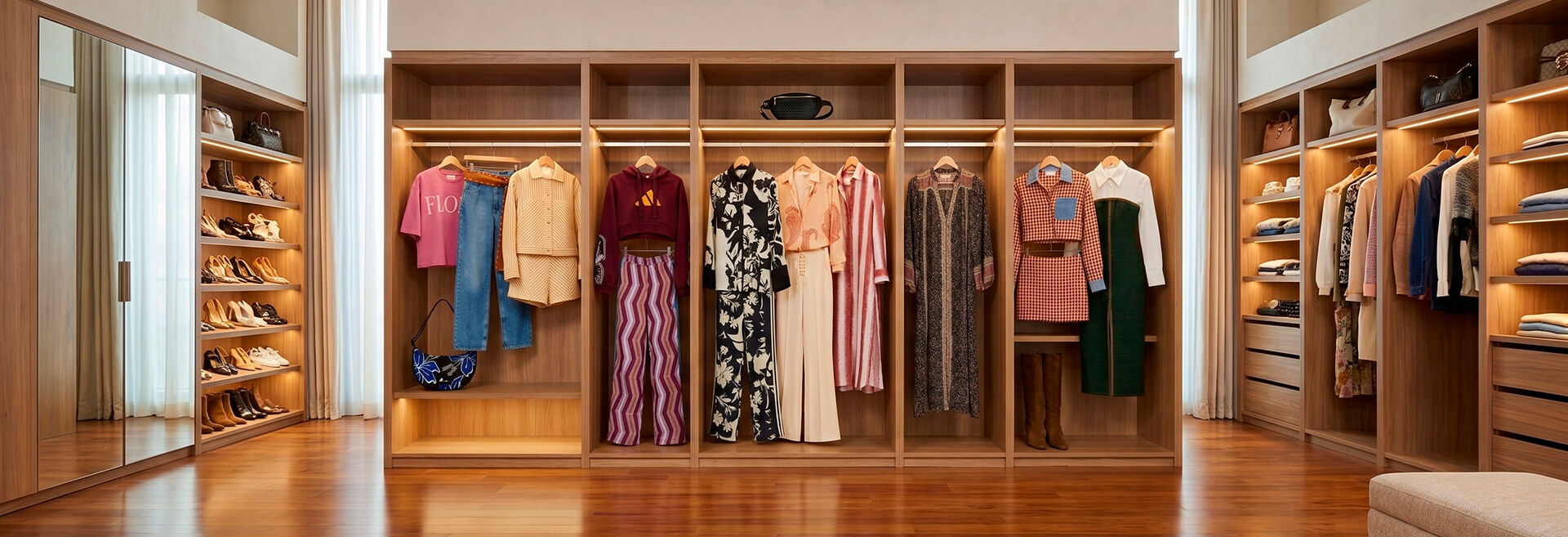 Closet moderno com roupas organizadas e sapatos.