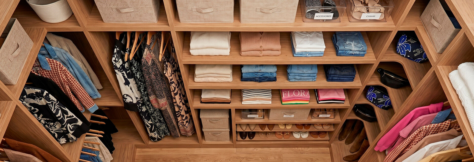 Closet organizado com roupas e sapatos arrumados.