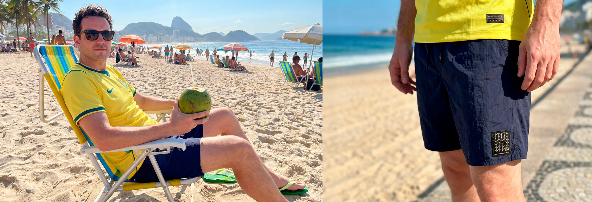 Homem relaxando na praia com coco e roupa de banho.