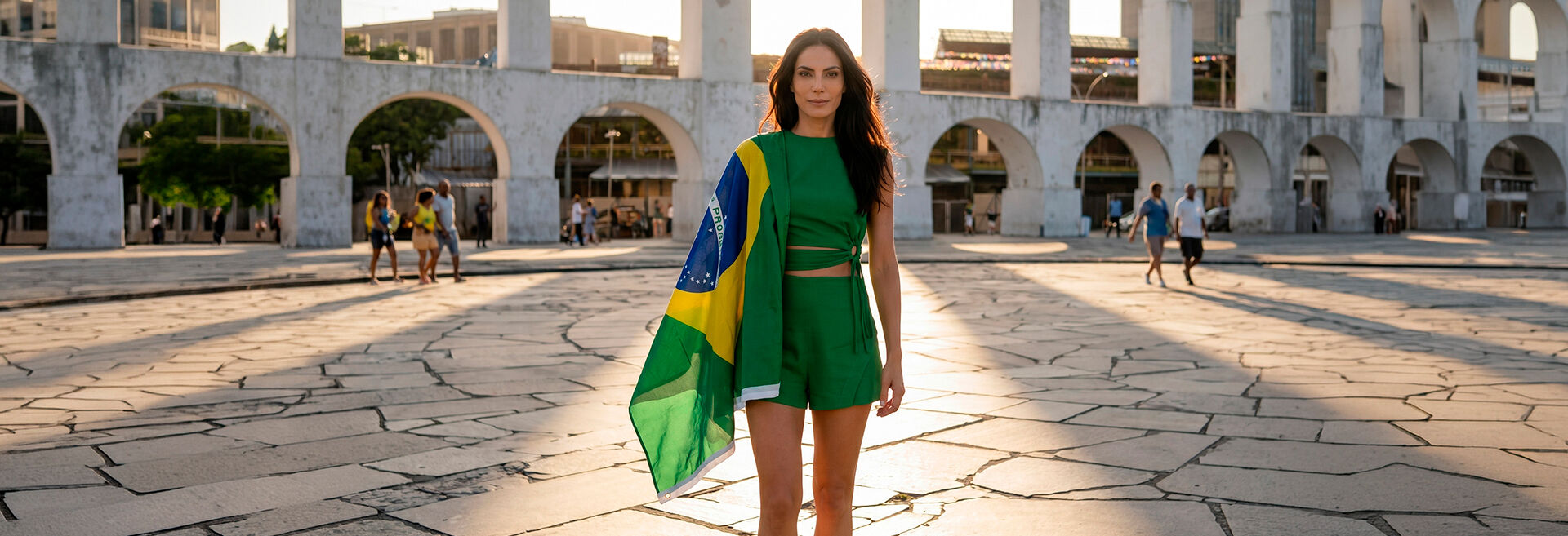 Mulher segurando bandeira do Brasil em calçadão