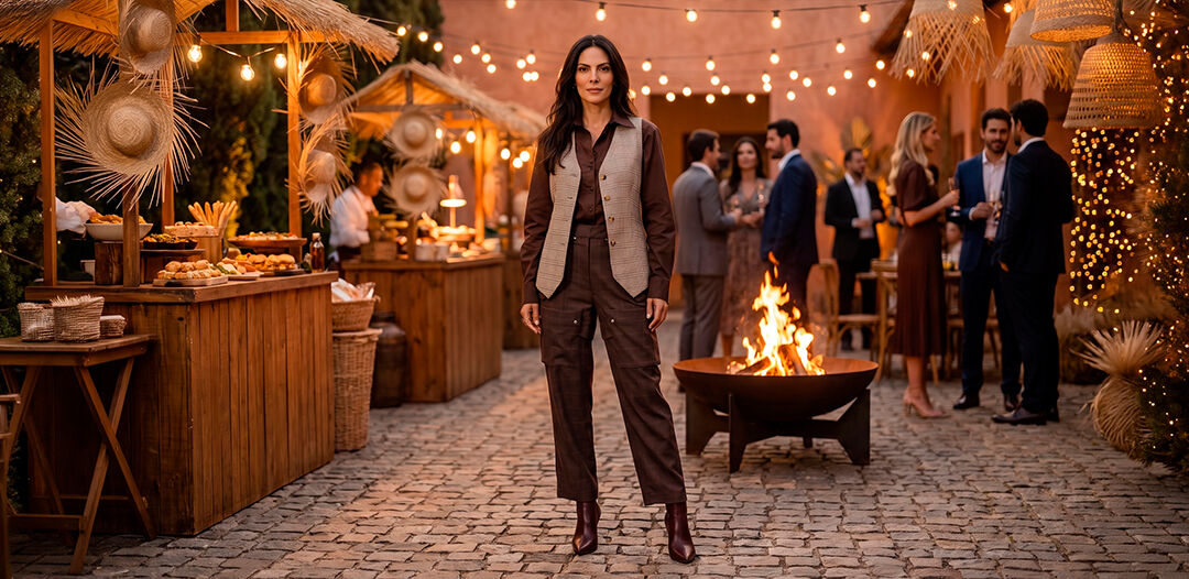 Mulher elegante em evento ao ar livre com convidados e decoração