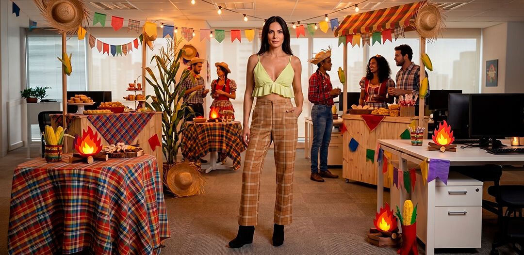 Festa junina no escritório com decoração colorida