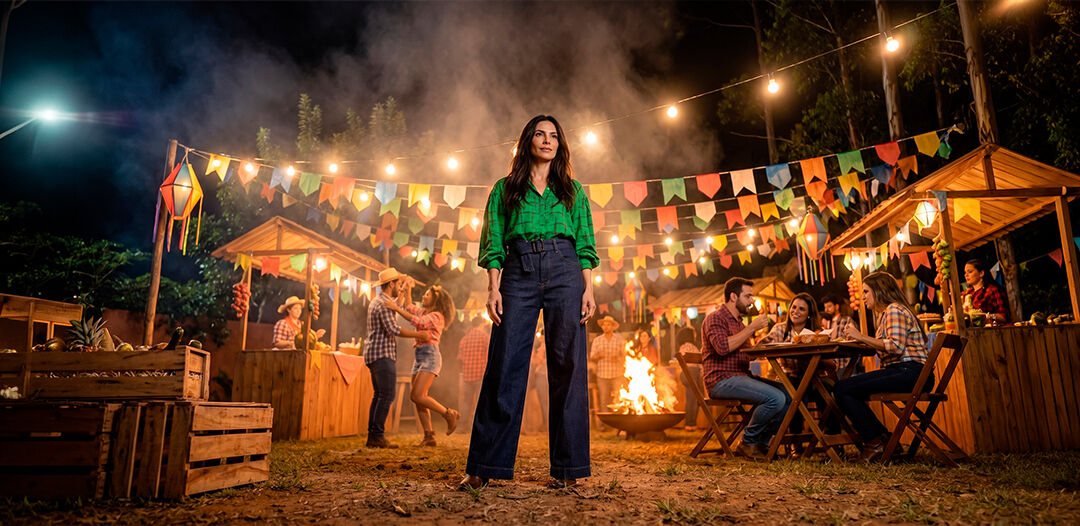 Mulher em festa junina com decoração colorida
