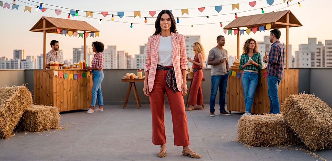 Mulher em festa junina em rooftop com convidados.