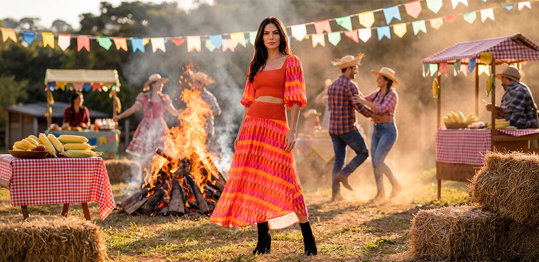 Mulher em festa junina com bandeirinhas e fogueira
