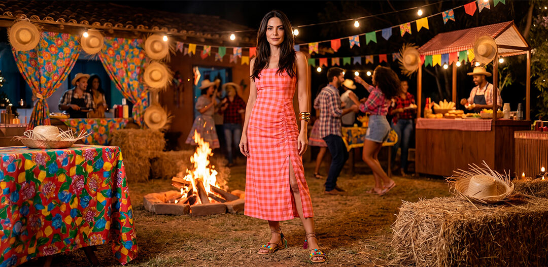 Mulher em vestido xadrez em festa junina