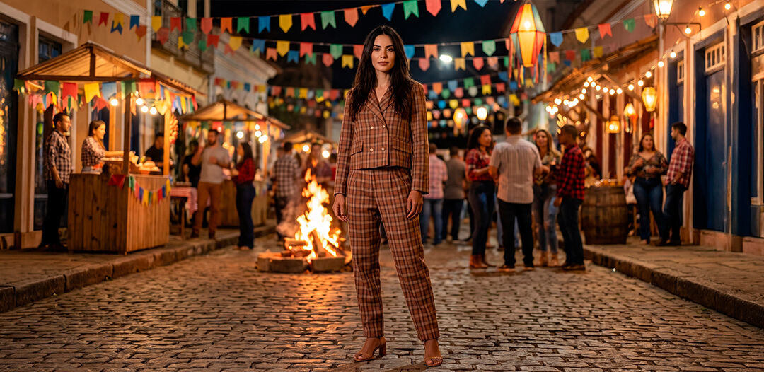 Mulher em traje xadrez em festa junina animada